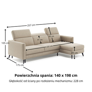 Narożnik LUMI z funkcją spania stelaż włoski z materacem 140 cm i pojemnikiem oraz ruchomymi zagłówkami