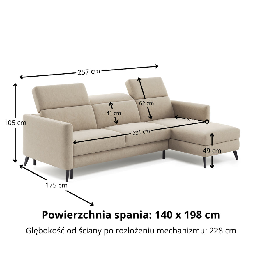 Narożnik LUMI z funkcją spania stelaż włoski z materacem 140 cm i pojemnikiem oraz ruchomymi zagłówkami