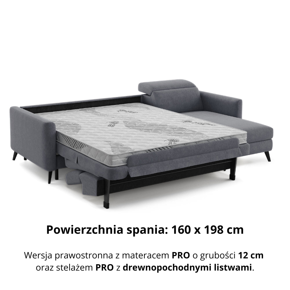 Narożnik LUMI z funkcją spania stelaż włoski z materacem 160 cm i pojemnikiem oraz ruchomymi zagłówkami