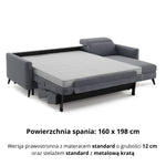 Narożnik LUMI z funkcją spania stelaż włoski z materacem 160 cm i pojemnikiem oraz ruchomymi zagłówkami