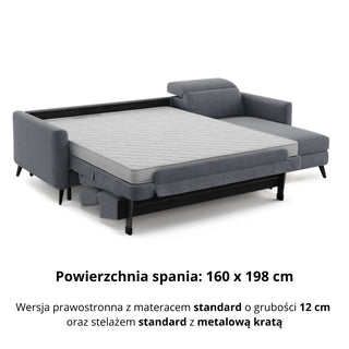 Narożnik LUMI z funkcją spania stelaż włoski z materacem 160 cm i pojemnikiem oraz ruchomymi zagłówkami