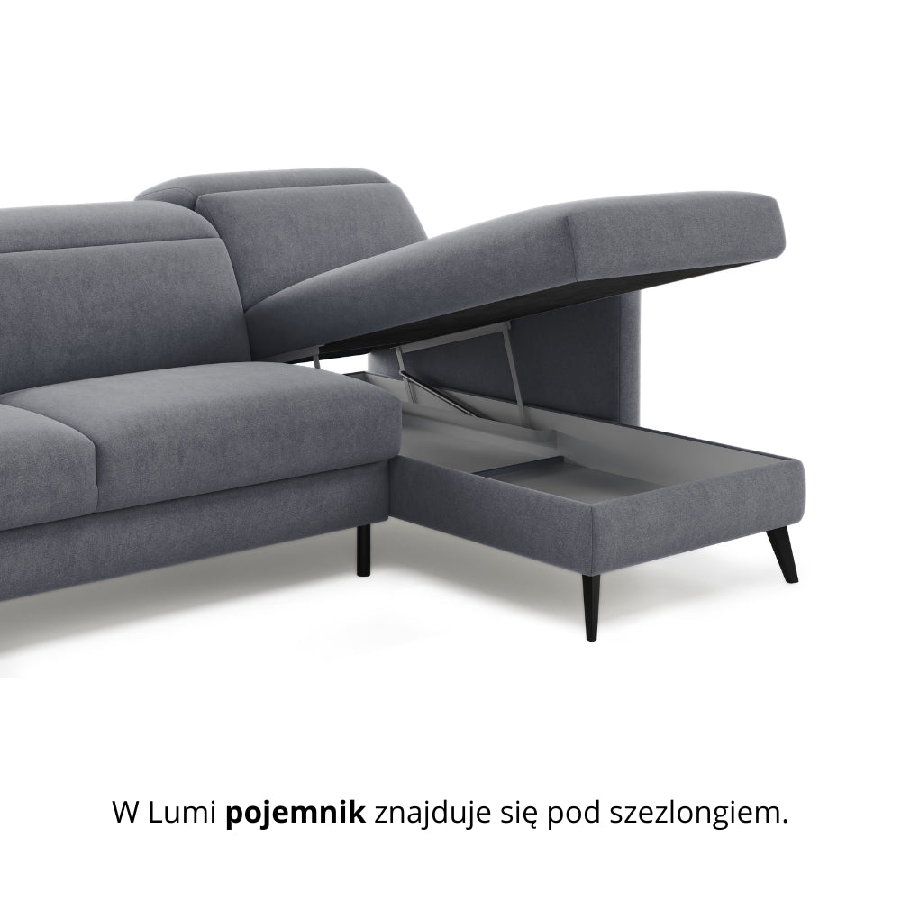 Narożnik LUMI z funkcją spania stelaż włoski z materacem 160 cm i pojemnikiem oraz ruchomymi zagłówkami
