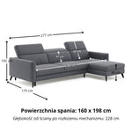 Narożnik LUMI z funkcją spania stelaż włoski z materacem 160 cm i pojemnikiem oraz ruchomymi zagłówkami