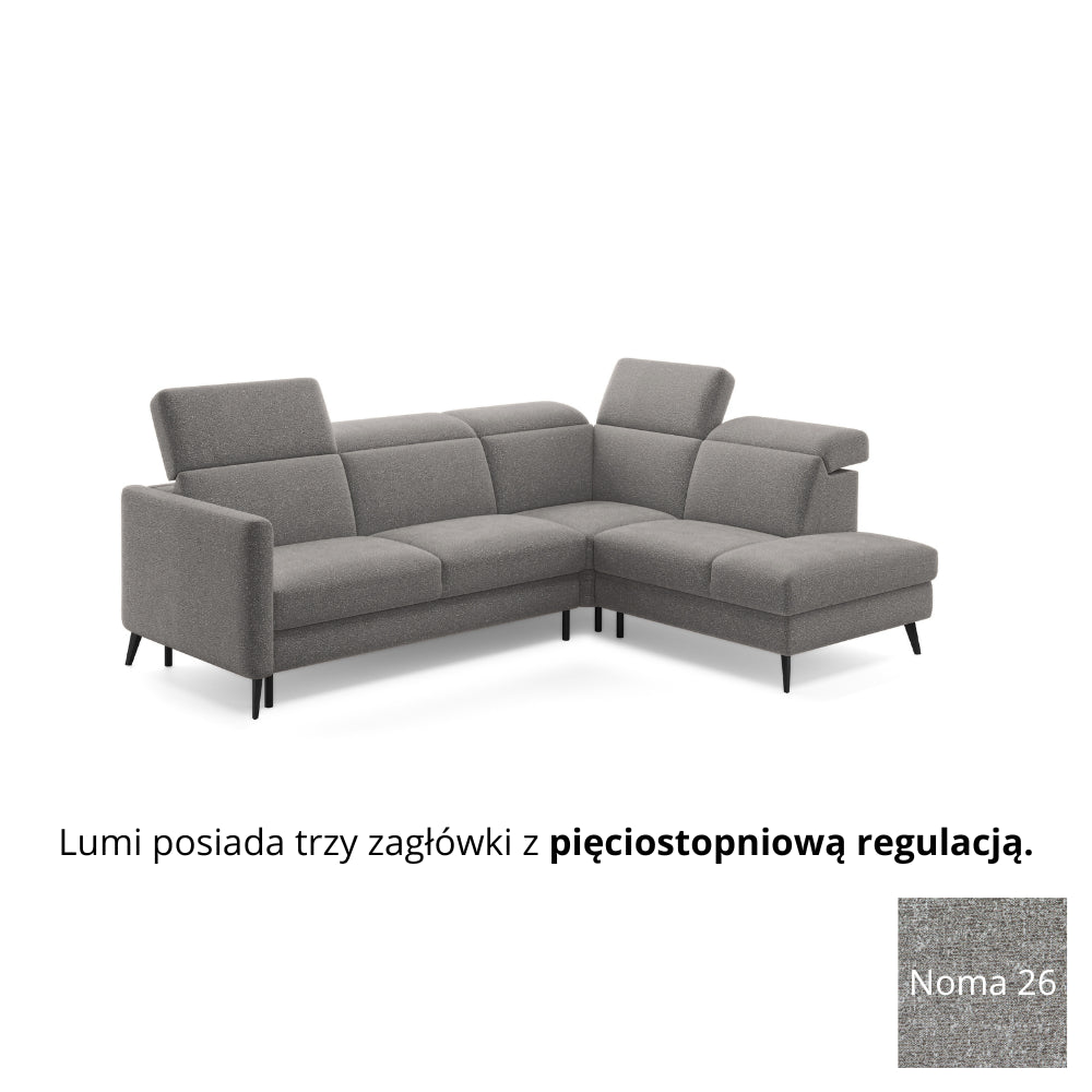 Narożnik LUMI z otomaną z funkcją spania stelaż włoski z materacem 120 cm i pojemnikiem oraz ruchomymi zagłówkami