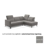 Narożnik LUMI z otomaną z funkcją spania stelaż włoski z materacem 120 cm i pojemnikiem oraz ruchomymi zagłówkami