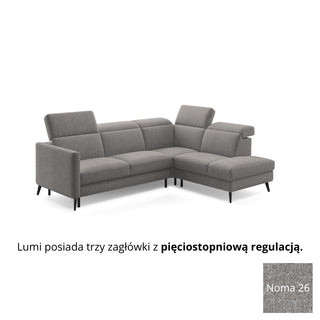 Narożnik LUMI z otomaną z funkcją spania stelaż włoski z materacem 120 cm i pojemnikiem oraz ruchomymi zagłówkami