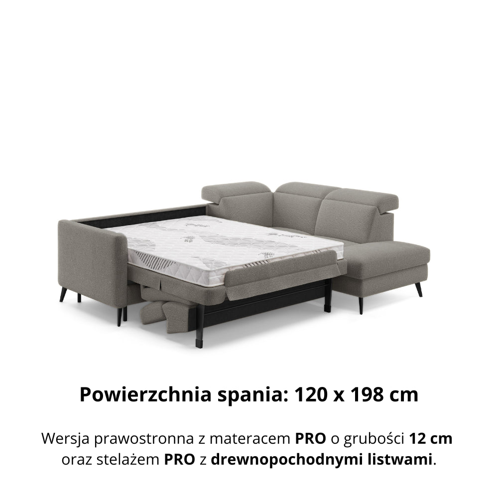 Narożnik LUMI z otomaną z funkcją spania stelaż włoski z materacem 120 cm i pojemnikiem oraz ruchomymi zagłówkami