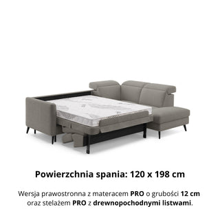 Narożnik LUMI z otomaną z funkcją spania stelaż włoski z materacem 120 cm i pojemnikiem oraz ruchomymi zagłówkami
