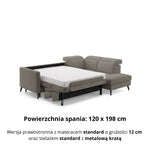 Narożnik LUMI z otomaną z funkcją spania stelaż włoski z materacem 120 cm i pojemnikiem oraz ruchomymi zagłówkami