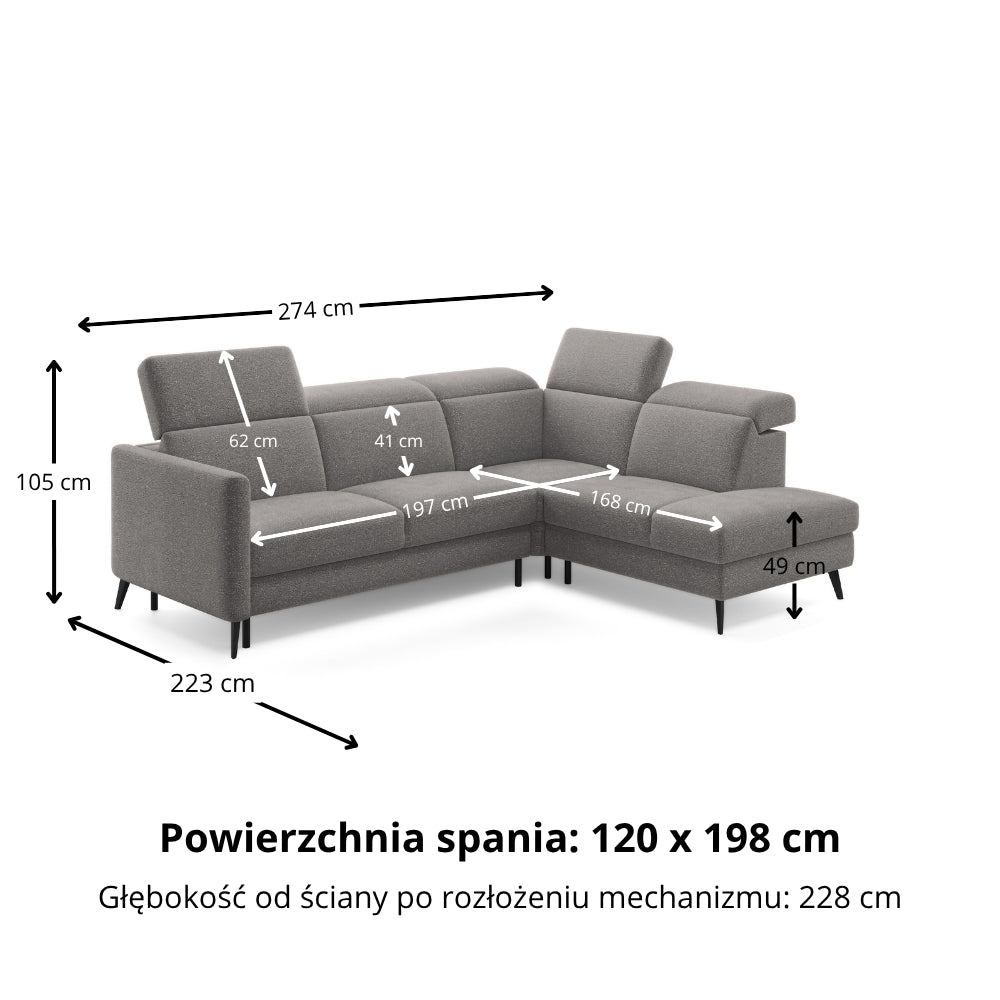 Narożnik LUMI z otomaną z funkcją spania stelaż włoski z materacem 120 cm i pojemnikiem oraz ruchomymi zagłówkami