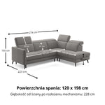 Narożnik LUMI z otomaną z funkcją spania stelaż włoski z materacem 120 cm i pojemnikiem oraz ruchomymi zagłówkami