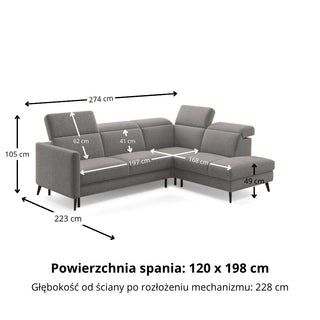 Narożnik LUMI z otomaną z funkcją spania stelaż włoski z materacem 120 cm i pojemnikiem oraz ruchomymi zagłówkami