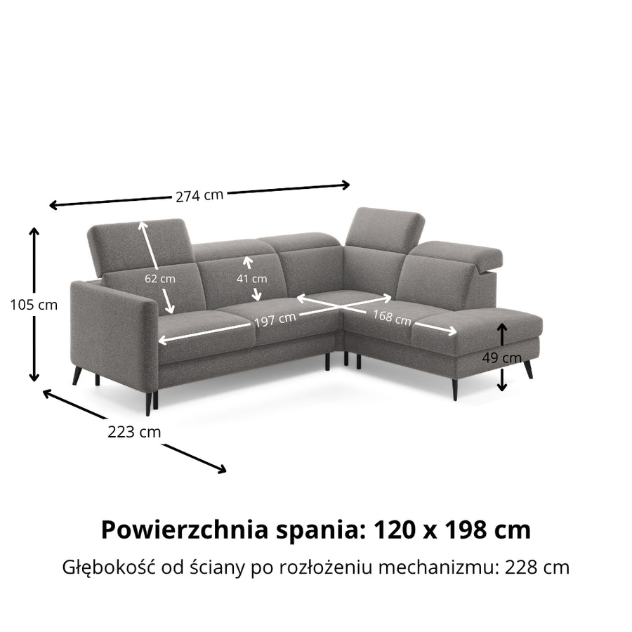 Narożnik LUMI z otomaną z funkcją spania stelaż włoski z materacem 120 cm i pojemnikiem oraz ruchomymi zagłówkami