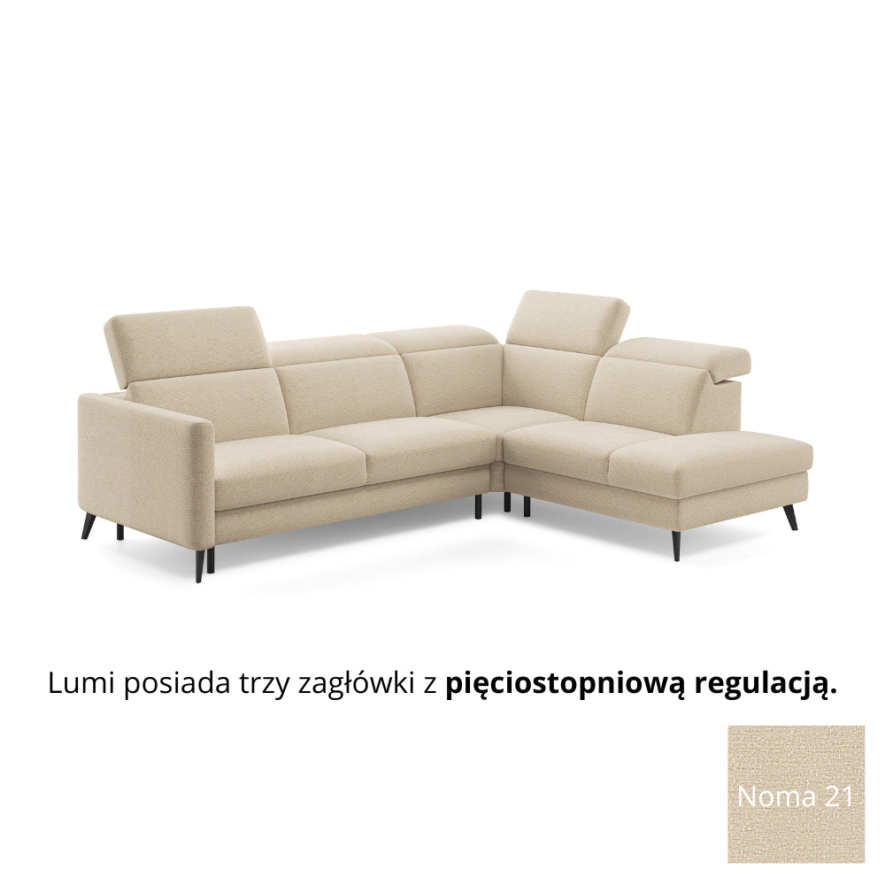 Narożnik LUMI z otomaną z funkcją spania stelaż włoski z materacem 140 cm i pojemnikiem oraz ruchomymi zagłówkami