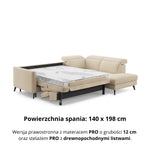 Narożnik LUMI z otomaną z funkcją spania stelaż włoski z materacem 140 cm i pojemnikiem oraz ruchomymi zagłówkami