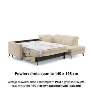 Narożnik LUMI z otomaną z funkcją spania stelaż włoski z materacem 140 cm i pojemnikiem oraz ruchomymi zagłówkami