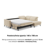 Narożnik LUMI z otomaną z funkcją spania stelaż włoski z materacem 140 cm i pojemnikiem oraz ruchomymi zagłówkami