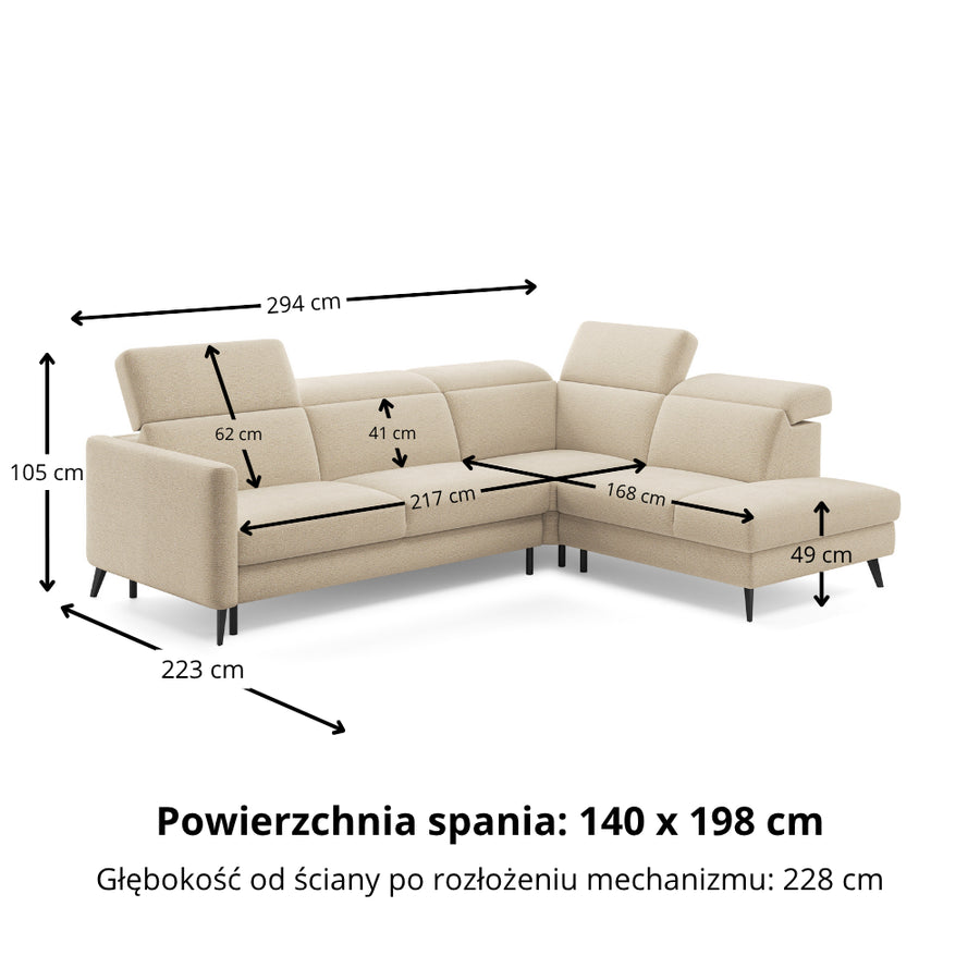 Narożnik LUMI z otomaną z funkcją spania stelaż włoski z materacem 140 cm i pojemnikiem oraz ruchomymi zagłówkami
