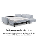 Narożnik LUMI z otomaną z funkcją spania stelaż włoski z materacem 160 cm i pojemnikiem oraz ruchomymi zagłówkami