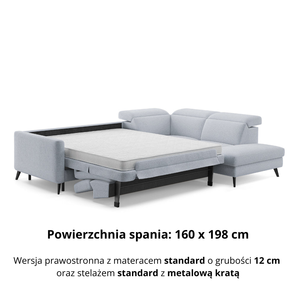 Narożnik LUMI z otomaną z funkcją spania stelaż włoski z materacem 160 cm i pojemnikiem oraz ruchomymi zagłówkami