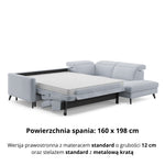 Narożnik LUMI z otomaną z funkcją spania stelaż włoski z materacem 160 cm i pojemnikiem oraz ruchomymi zagłówkami