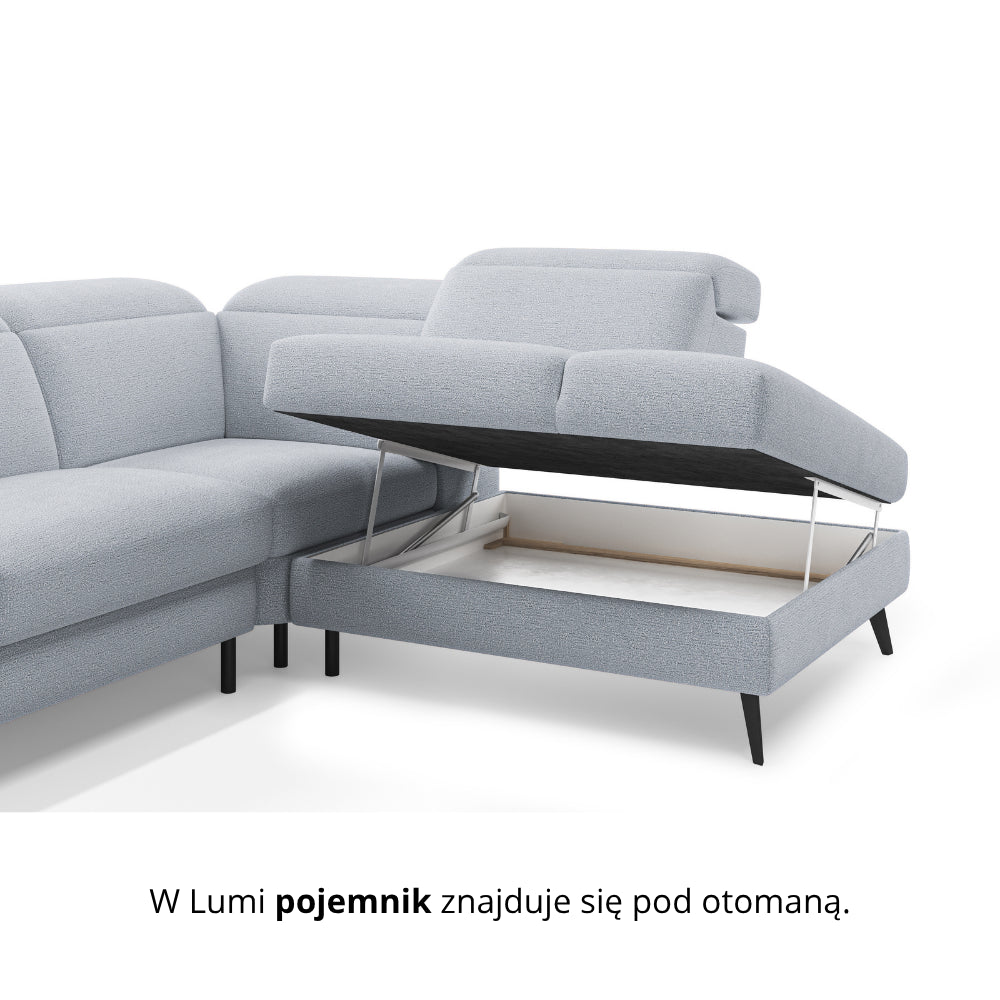 Narożnik LUMI z otomaną z funkcją spania stelaż włoski z materacem 160 cm i pojemnikiem oraz ruchomymi zagłówkami