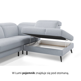 Narożnik LUMI z otomaną z funkcją spania stelaż włoski z materacem 160 cm i pojemnikiem oraz ruchomymi zagłówkami