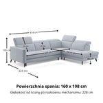 Narożnik LUMI z otomaną z funkcją spania stelaż włoski z materacem 160 cm i pojemnikiem oraz ruchomymi zagłówkami