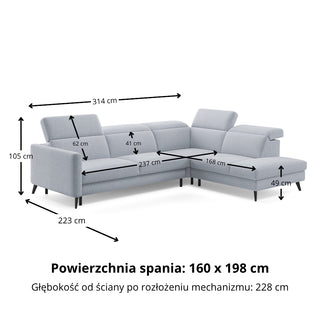 Narożnik LUMI z otomaną z funkcją spania stelaż włoski z materacem 160 cm i pojemnikiem oraz ruchomymi zagłówkami