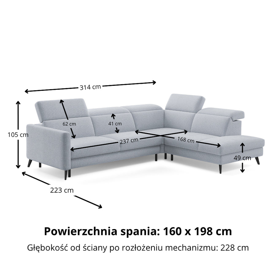 Narożnik LUMI z otomaną z funkcją spania stelaż włoski z materacem 160 cm i pojemnikiem oraz ruchomymi zagłówkami