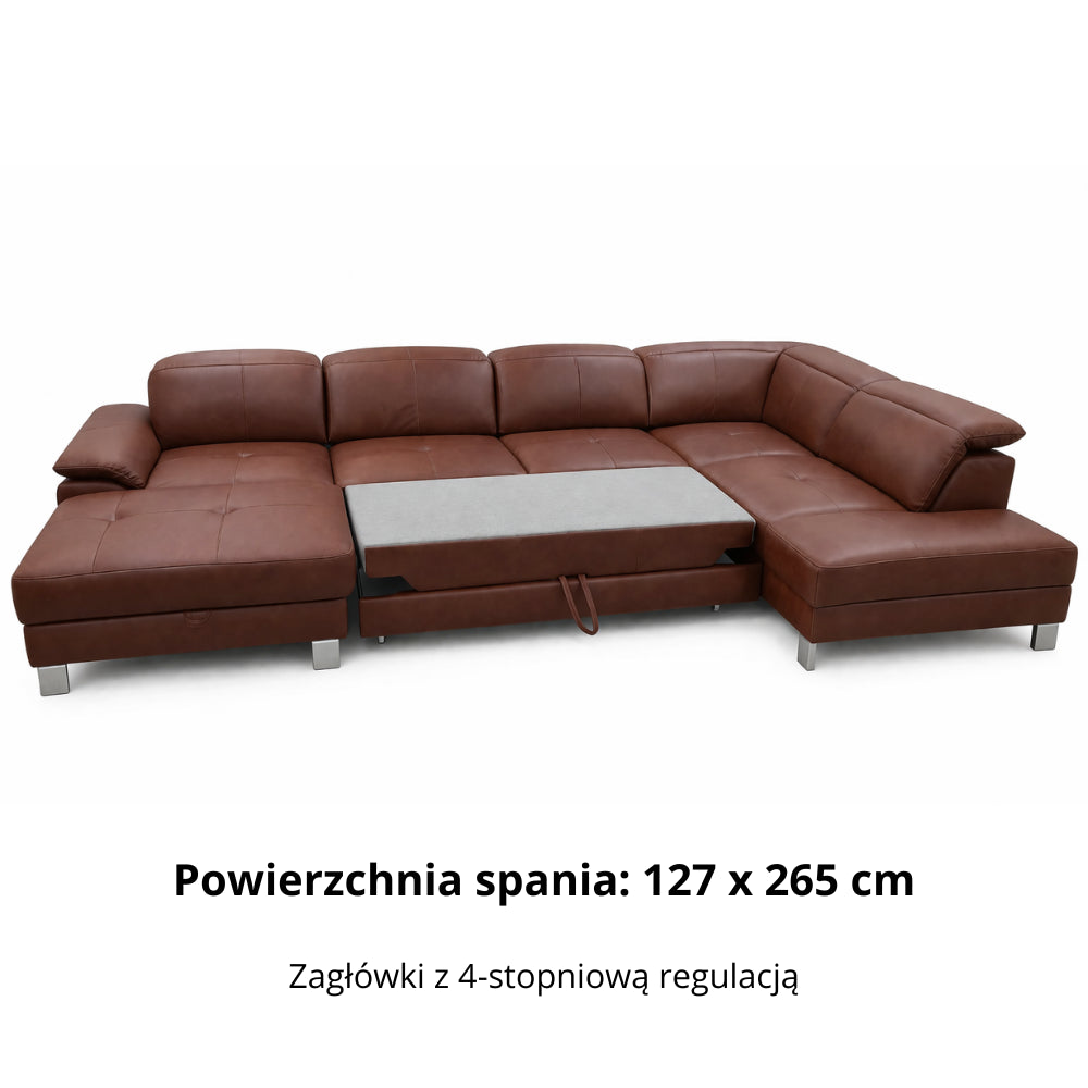 Narożnik U-kształtny skórzany MANTUA rozkładany z regulowanymi zagłówkami i pojemnikiem