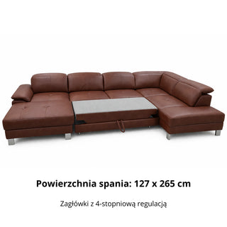 Narożnik U-kształtny skórzany MANTUA rozkładany z regulowanymi zagłówkami i pojemnikiem