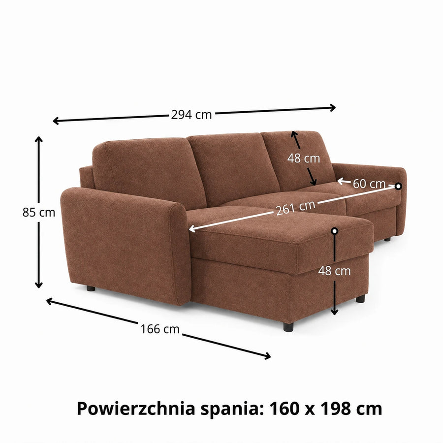 DOLLY corner sofa with daily sleeping function, Italian frame, 160 cm mattress and bedding container