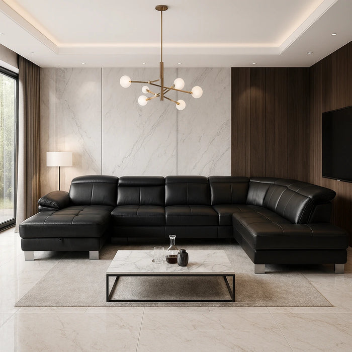 Narożnik U-kształtny skórzany MANTUA rozkładany z regulowanymi zagłówkami i pojemnikiem