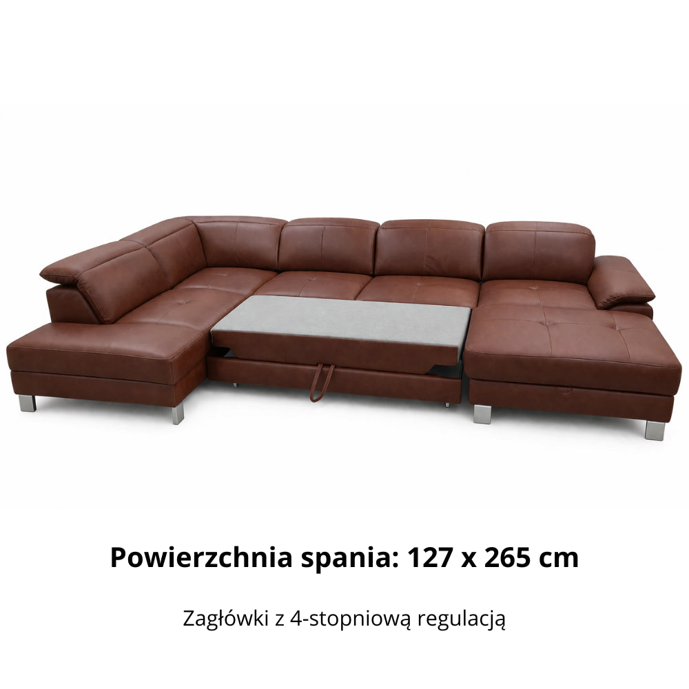 Narożnik U-kształtny skórzany MANTUA rozkładany z regulowanymi zagłówkami i pojemnikiem