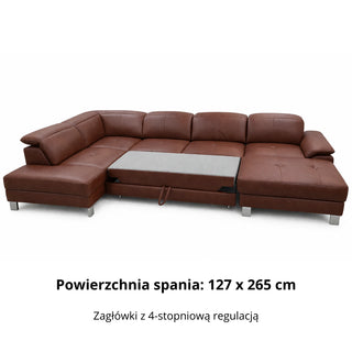 Narożnik U-kształtny skórzany MANTUA rozkładany z regulowanymi zagłówkami i pojemnikiem