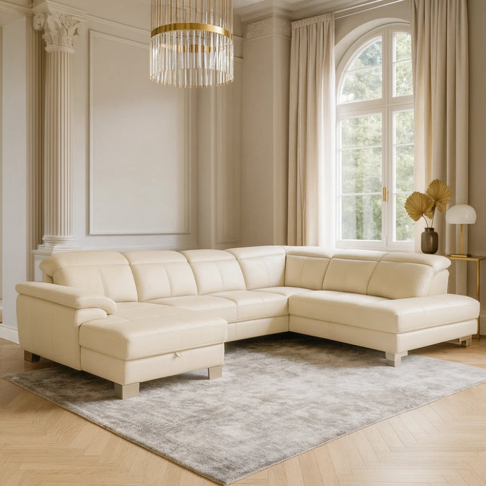 Narożnik U-kształtny skórzany MANTUA rozkładany z regulowanymi zagłówkami i pojemnikiem