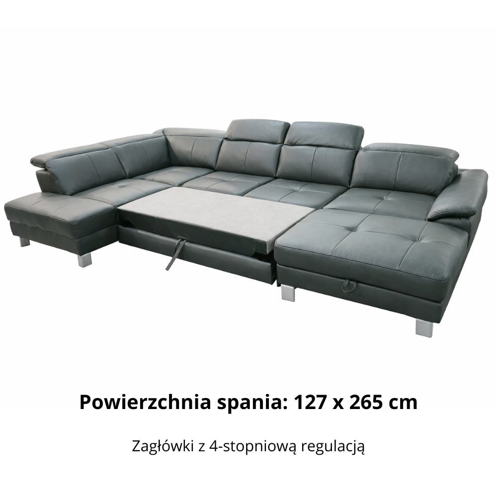 Narożnik U-kształtny skórzany MANTUA rozkładany z regulowanymi zagłówkami i pojemnikiem