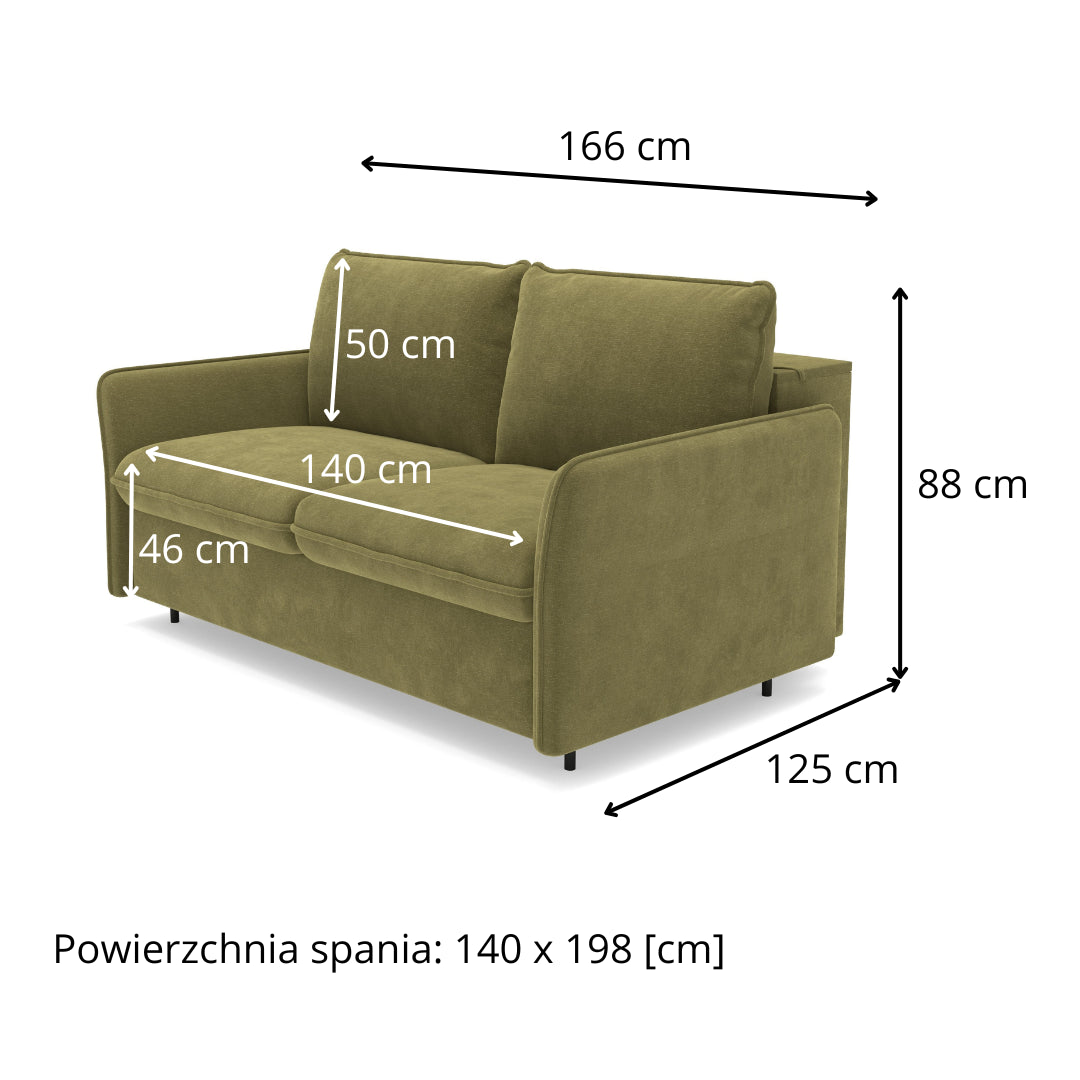 Sofa NUNO 2 osobowa z funkcją spania codziennego stelaż włoski z materacem 120 cm i pojemnikiem