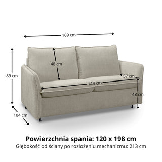 Sofa NUNO 2 osobowa z funkcją spania codziennego stelaż włoski z materacem 120 cm