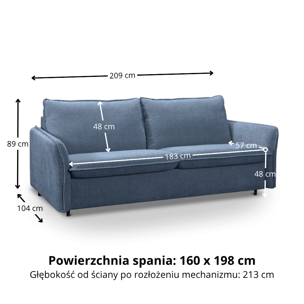 Sofa NUNO 3 osobowa z funkcją spania codziennego stelaż włoski z materacem 160 cm