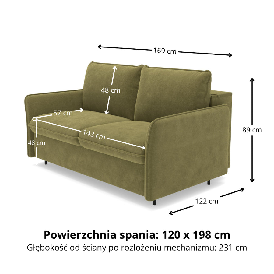 Sofa NUNO 2 osobowa z funkcją spania codziennego stelaż włoski z materacem 120 cm i pojemnikiem