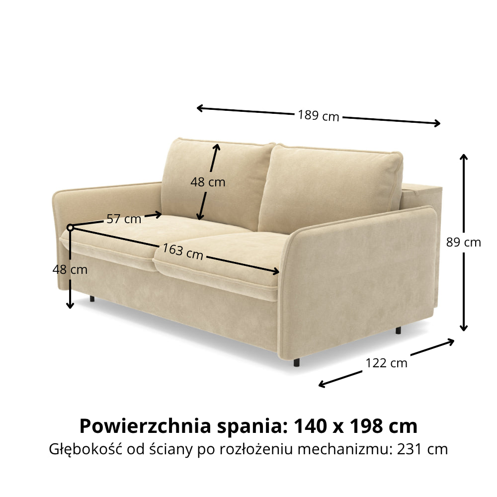 Sofa NUNO 2,5 osobowa z funkcją spania codziennego stelaż włoski z materacem 140 cm i pojemnikiem