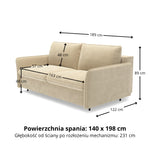 Sofa NUNO 2,5 osobowa z funkcją spania codziennego stelaż włoski z materacem 140 cm i pojemnikiem