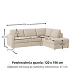 Narożnik OLBIA z otomaną funkcja spania codziennego stelaż włoski z materacem 120 cm i pojemnikiem na pościel