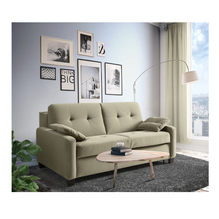 Sofa AURA 2 osobowa z funkcją spania codziennego stelaż włoski z materacem 120 cm z pojemnikiem na drewnianych nóżkach