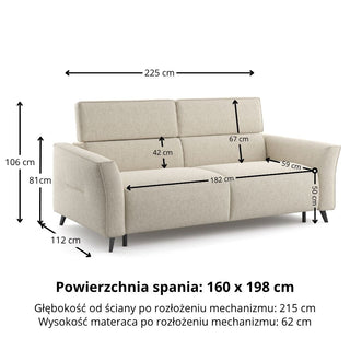 Sofa NOLA 3 osobowa z funkcją spania codziennego stelaż włoski z materacem 160 cm