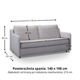Sofa SOL 2 osobowa z funkcją spania stelaż włoski z materacem 120 cm
