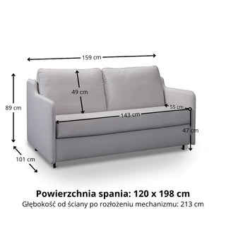 Sofa SOL 2 osobowa z funkcją spania stelaż włoski z materacem 120 cm