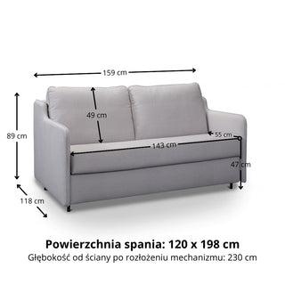 Sofa SOL 2 osobowa z funkcją spania stelaż włoski z materacem 120 cm i pojemnikiem
